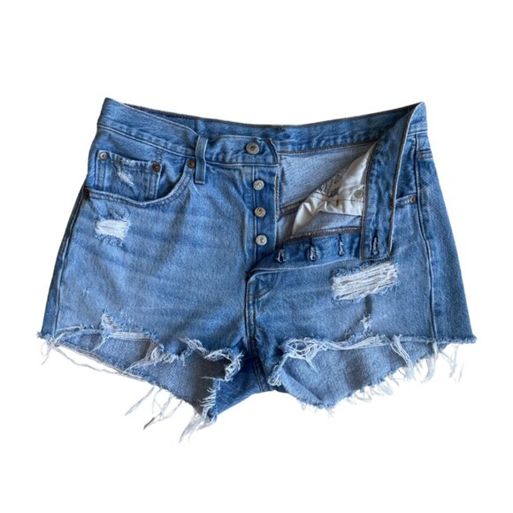 levi 501s button fly distressed light wash denim shorts size 29 - Picture 3 of 7